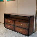 Italian Light Luxury Sideboard with High-Gloss Natural Wood Veneer Four Drawers Open Display Shelf and Gold Wing-Shaped Pulls